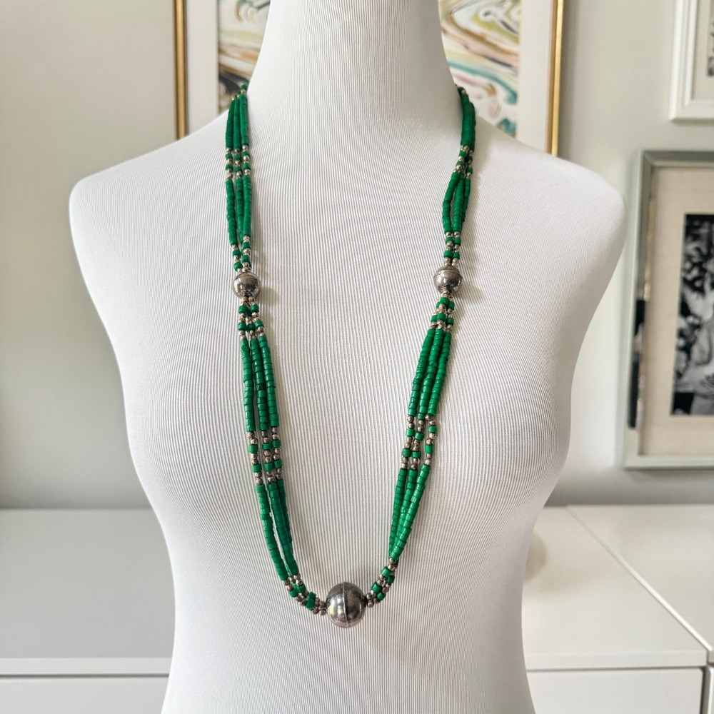 Vintage 1970s Green & Silver Beaded Statement Necklace Long Festival Boho